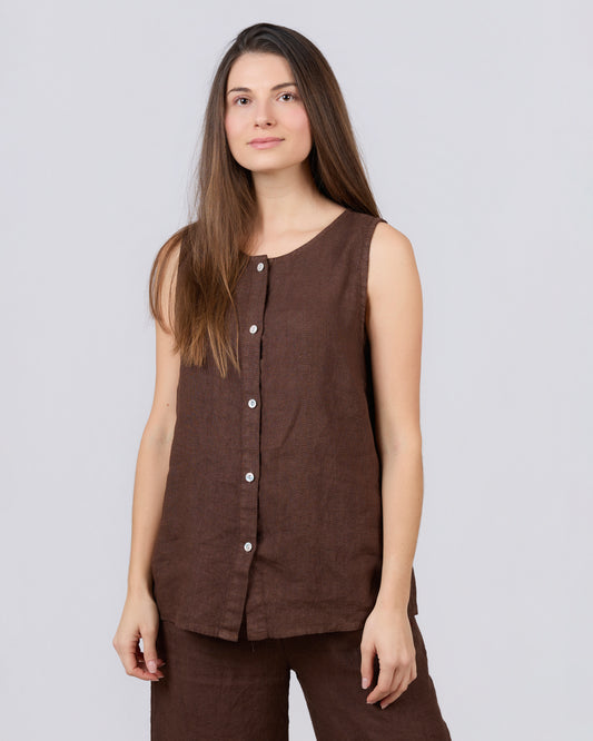 Sleeveless button-down blouse, 100% Linen, BRONZE