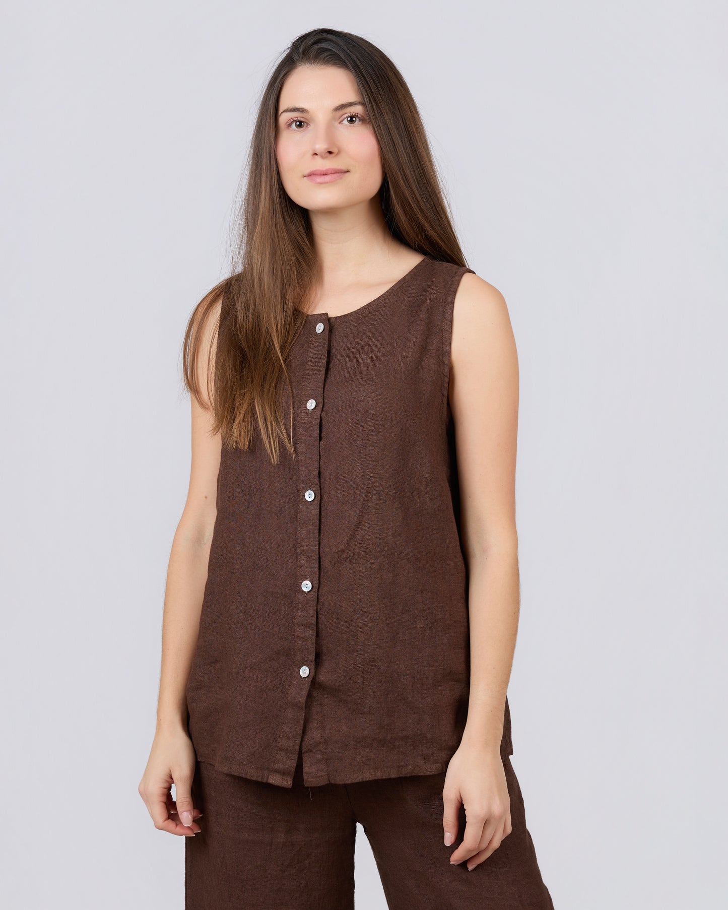 Sleeveless button-down blouse, 100% Linen, BRONZE