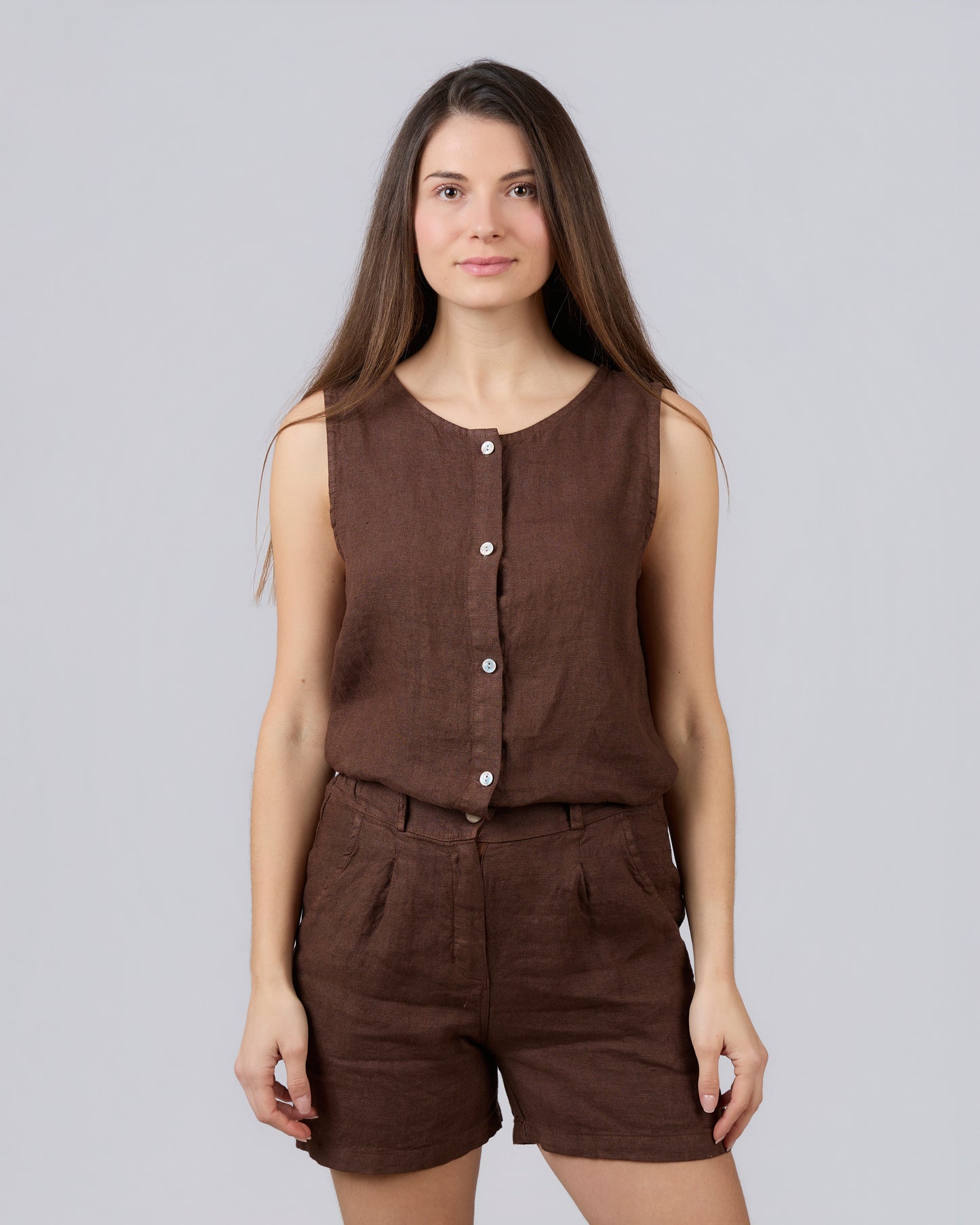 Sleeveless button-down blouse, 100% Linen, BRONZE