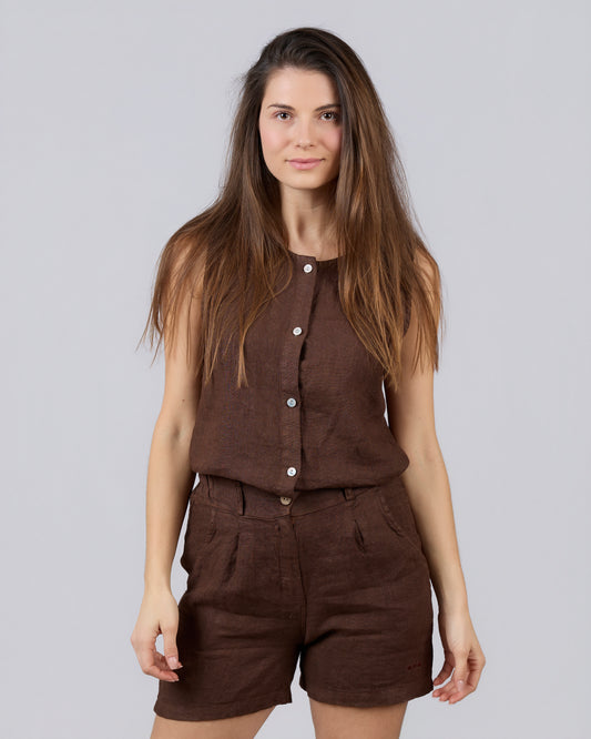 Sleeveless button-down blouse, 100% Linen, BRONZE