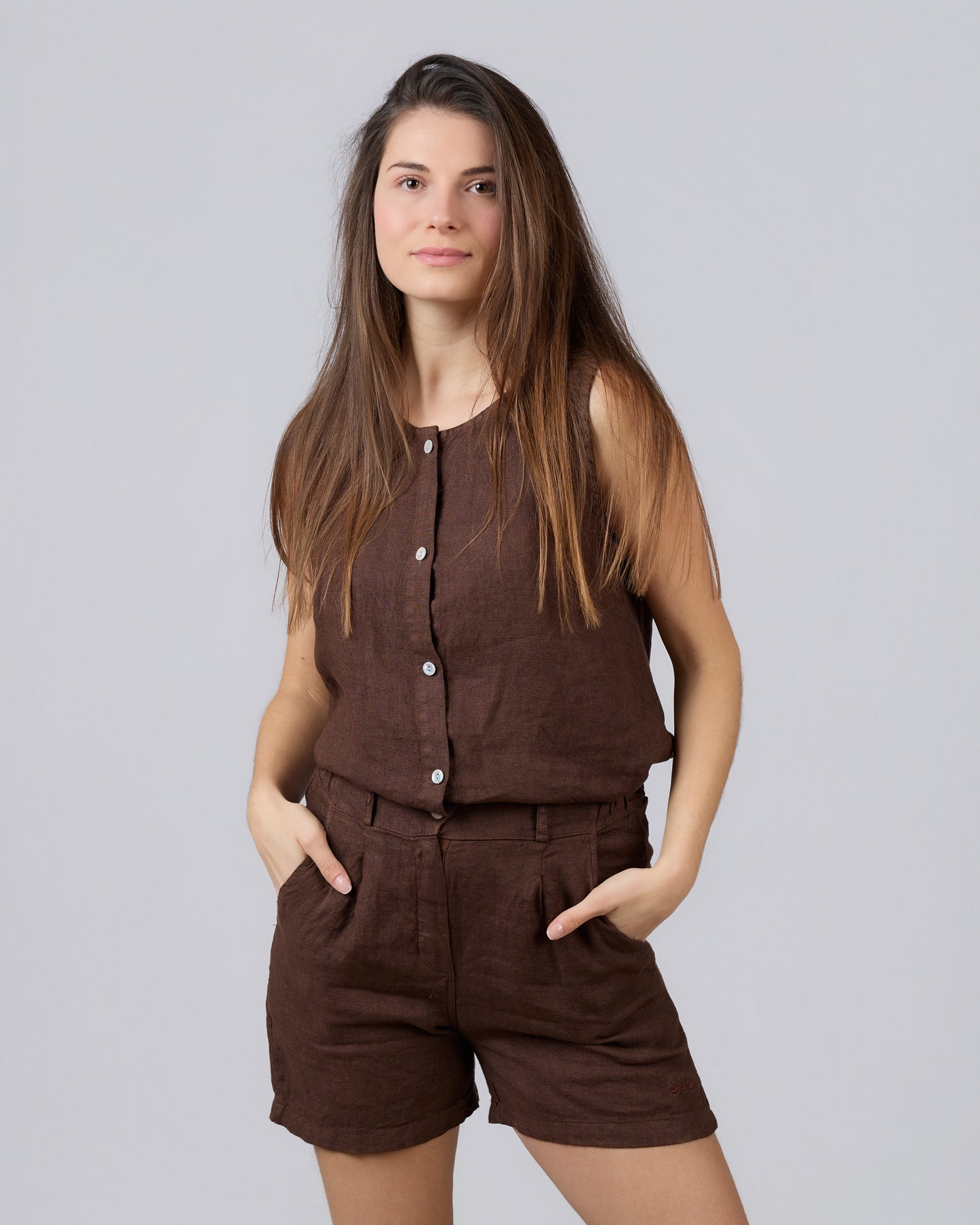 Sleeveless button-down blouse, 100% Linen, BRONZE