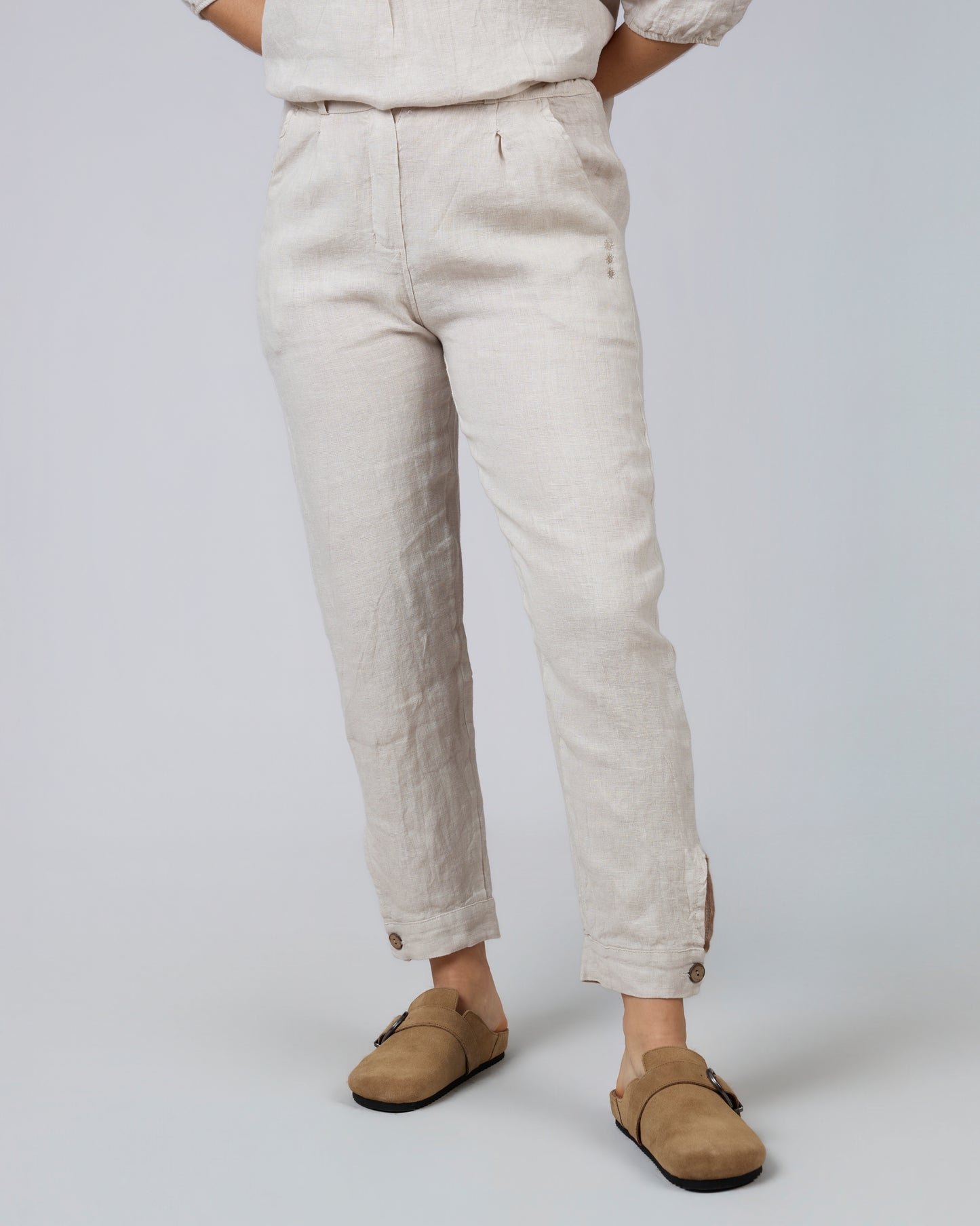 Long Pants with Beige Buttons 100% Linen HORIZON