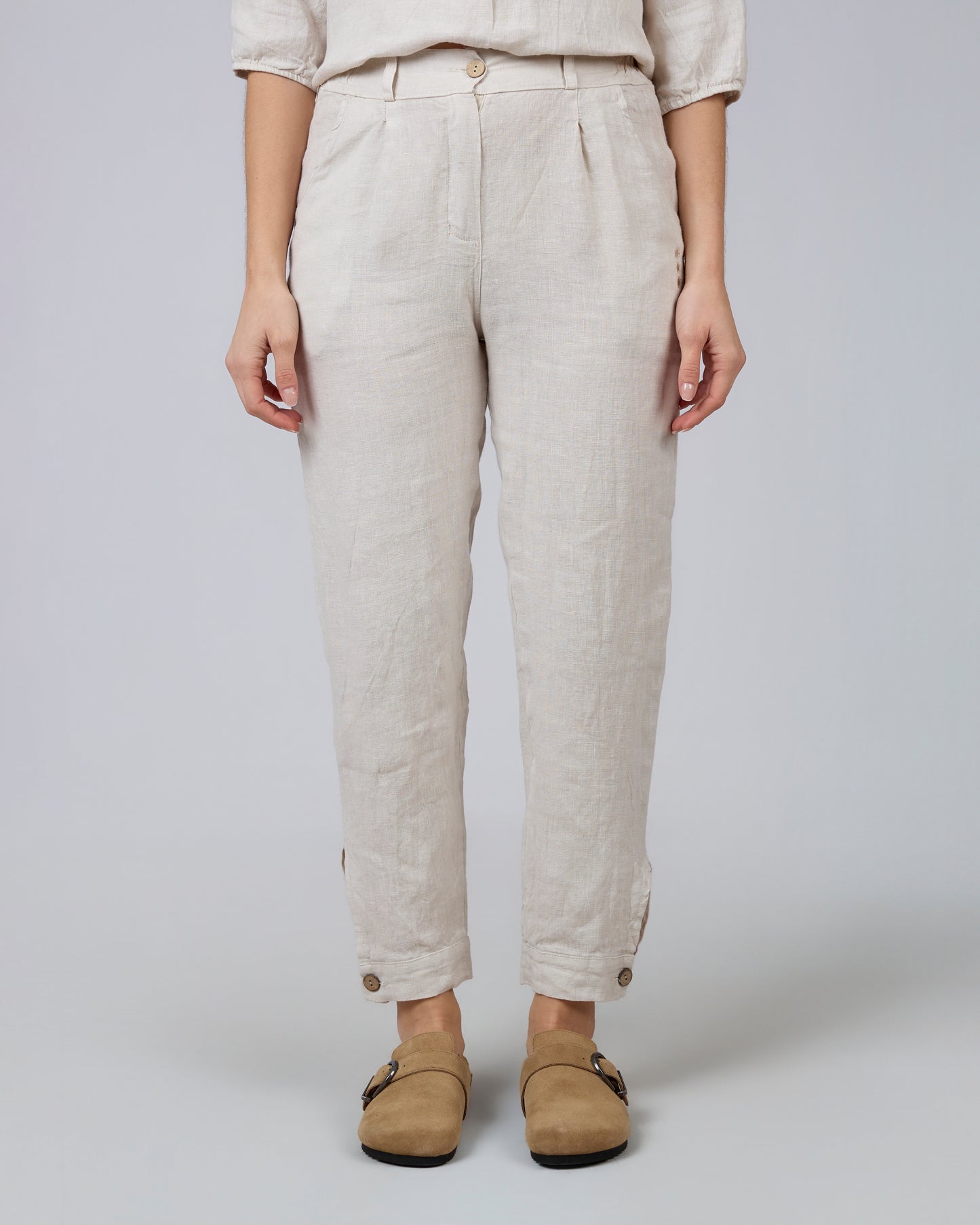 Long Pants with Beige Buttons 100% Linen HORIZON