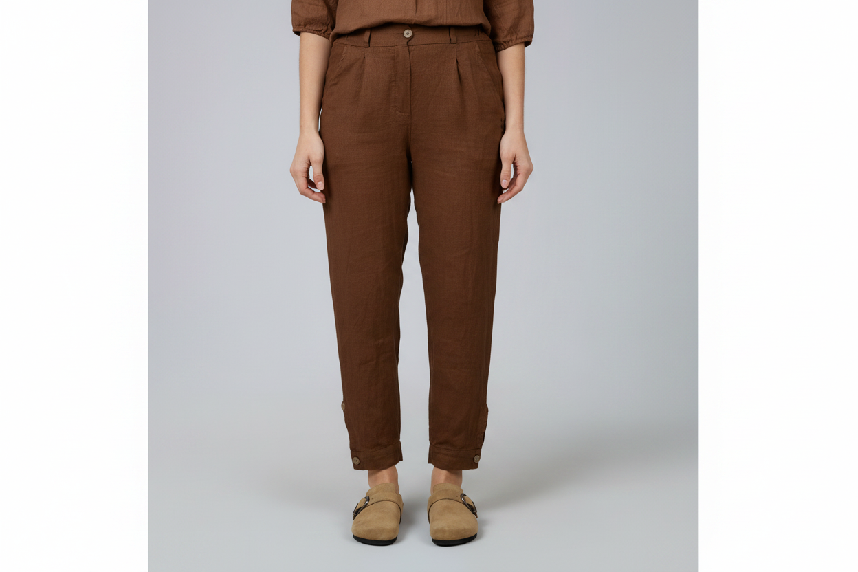 Long Pants with Beige Buttons 100% Linen HORIZON